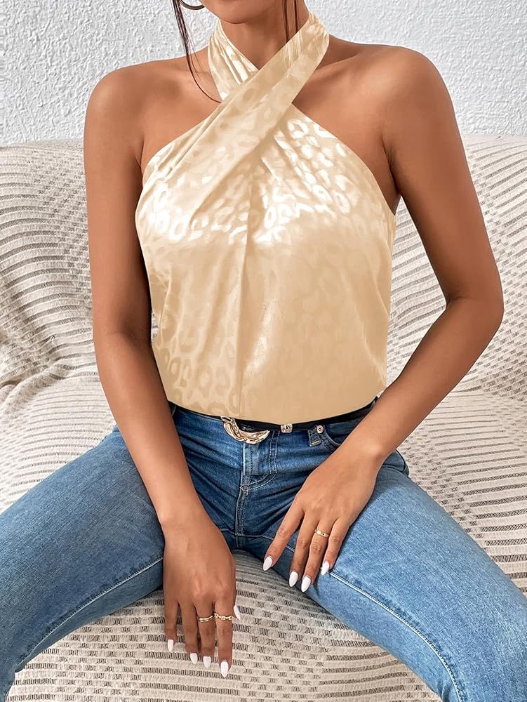 SweatyRocks Women's Crisscross Satin Halter Tops Keyhole